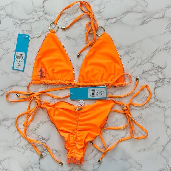 Beach Bunny Orange Icon Triangle Top DD & Icon Tie Side Skimpy Bottom M $250 - Picture 12 of 12